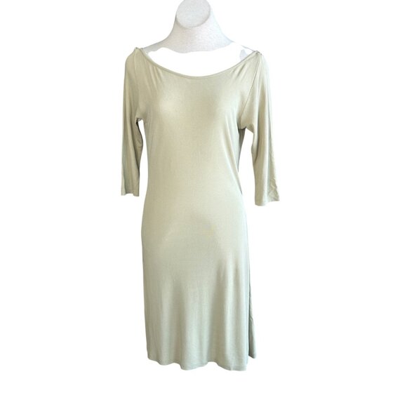 Mo & Su Vintage 90s Slinky Liquid Jersey Knit Tan Midi Dress Size Large - Picture 3 of 9